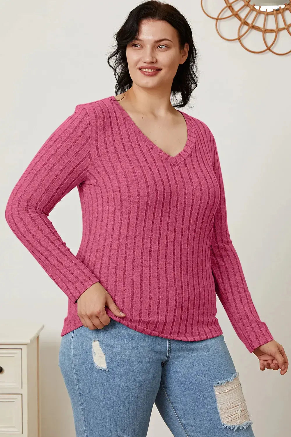 Basic Bae Full Size Ribbed V-Neck Long Sleeve T-Shirt - Love Salve